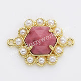 Hexagon Gold Plated Claw Rainbow Natural Stone Pearl Connector, For Jewelry Making WX2255