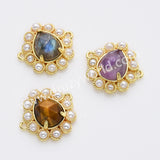 Teardrop Gold Plated Claw Rainbow Natural Stone Pearl Connector, For Jewelry Making WX2256