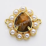 Teardrop Gold Plated Claw Rainbow Natural Stone Pearl Connector, For Jewelry Making WX2256