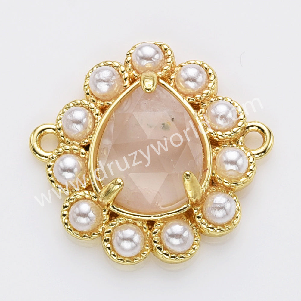 Teardrop Gold Plated Claw Rainbow Natural Stone Pearl Connector, For Jewelry Making WX2256