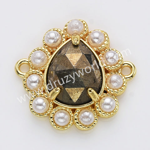 Teardrop Gold Plated Claw Rainbow Natural Stone Pearl Connector, For Jewelry Making WX2256