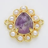 Teardrop Gold Plated Claw Rainbow Natural Stone Pearl Connector, For Jewelry Making WX2256