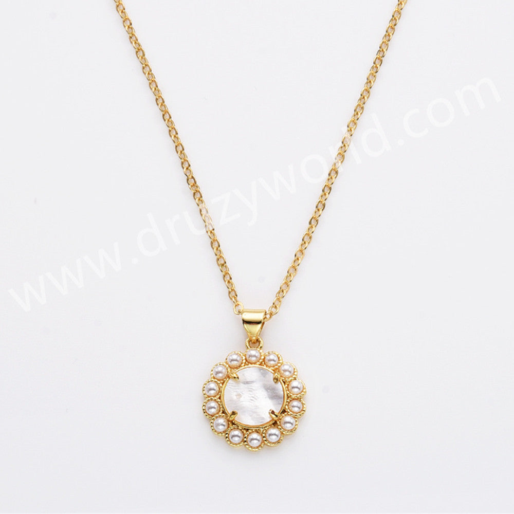 16" Gold Plated Claw Pearl Round Natural Stone Faceted Pendant Necklace WX2257-N