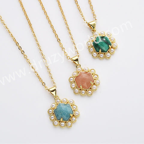 16" Gold Plated Claw Hexagonal Rainbow Gemstone Faceted Pendant Necklace, Lady Fashion Jewelry WX2258-N