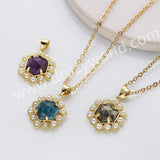 16" Gold Plated Claw Hexagonal Rainbow Gemstone Faceted Pendant Necklace, Lady Fashion Jewelry WX2258-N