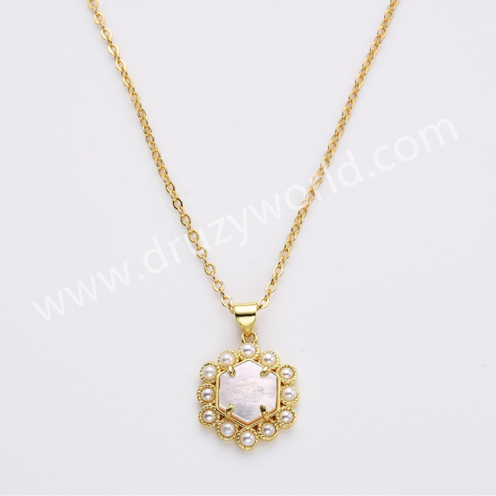 16" Gold Plated Claw Hexagonal Rainbow Gemstone Faceted Pendant Necklace, Lady Fashion Jewelry WX2258-N