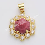 Gold Plated Claw Hexagon Natural Stone Pearl Pendant Bead, For Jewelry Making WX2258