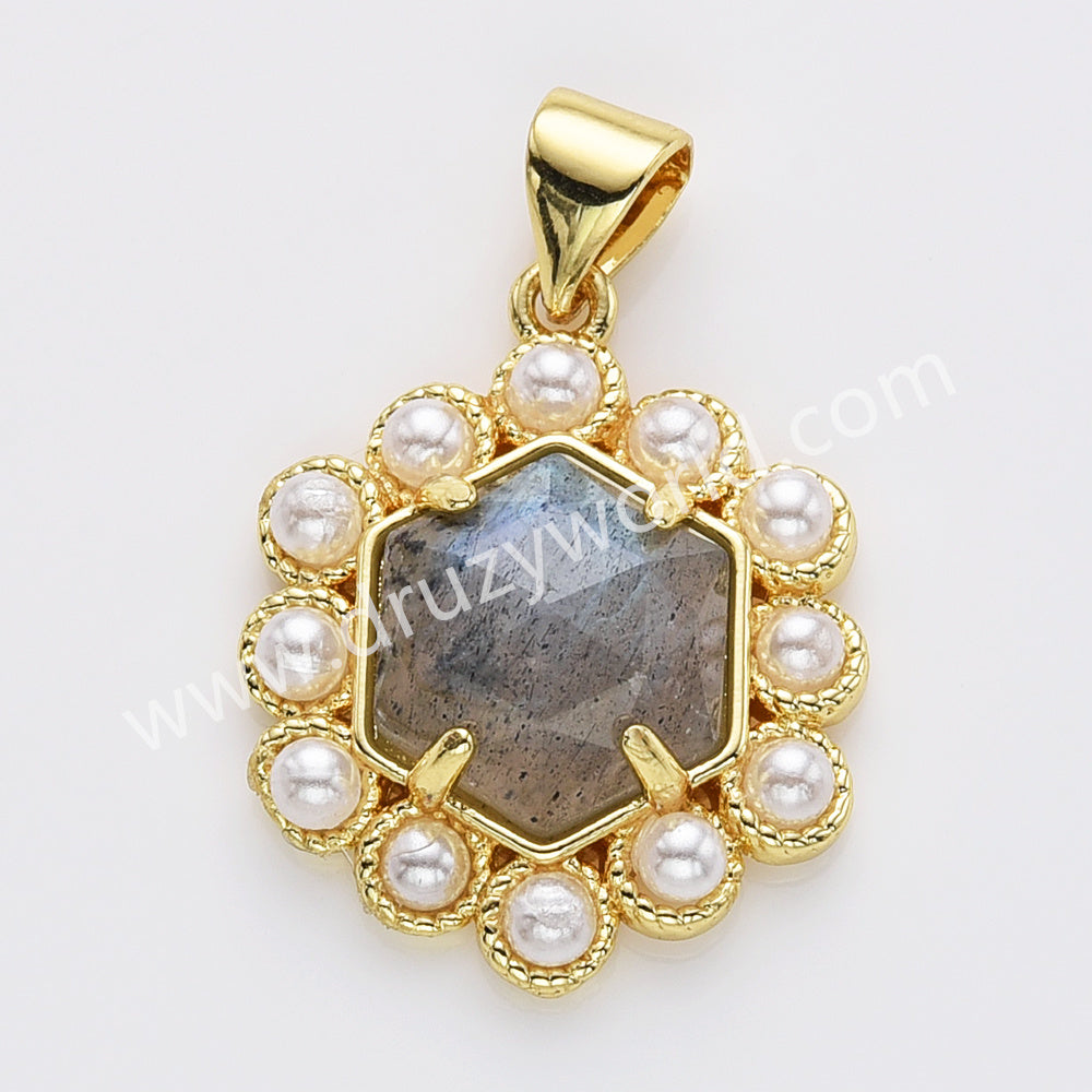 Gold Plated Claw Hexagon Natural Stone Pearl Pendant Bead, For Jewelry Making WX2258