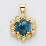 Gold Plated Claw Hexagon Natural Stone Pearl Pendant Bead, For Jewelry Making WX2258