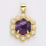 Gold Plated Claw Hexagon Natural Stone Pearl Pendant Bead, For Jewelry Making WX2258