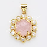 Gold Plated Claw Hexagon Natural Stone Pearl Pendant Bead, For Jewelry Making WX2258