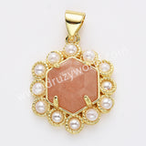 Gold Plated Claw Hexagon Natural Stone Pearl Pendant Bead, For Jewelry Making WX2258