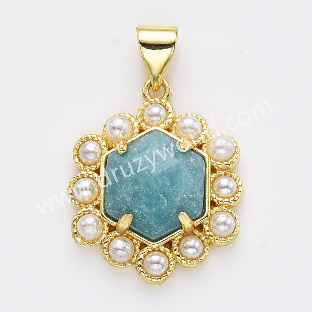 Gold Plated Claw Hexagon Natural Stone Pearl Pendant Bead, For Jewelry Making WX2258