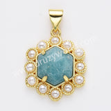 Gold Plated Claw Hexagon Natural Stone Pearl Pendant Bead, For Jewelry Making WX2258