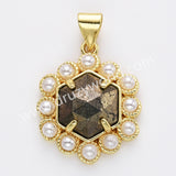 Gold Plated Claw Hexagon Natural Stone Pearl Pendant Bead, For Jewelry Making WX2258