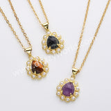 16" Gold Plated Claw Teardrop Rainbow Gemstone Faceted Pendant Necklace, Lady Fashion Jewelry WX2259-N