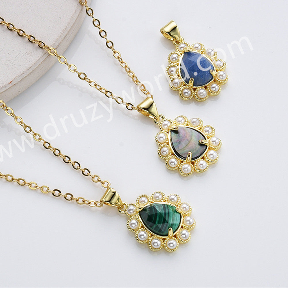 16" Gold Plated Claw Teardrop Rainbow Gemstone Faceted Pendant Necklace, Lady Fashion Jewelry WX2259-N