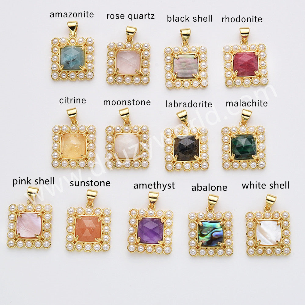 16" Gold Plated Claw Square Rainbow Gemstone Faceted Pendant Necklace, Lady Fashion Jewelry WX2260-N