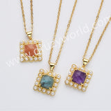 16" Gold Plated Claw Square Rainbow Gemstone Faceted Pendant Necklace, Lady Fashion Jewelry WX2260-N