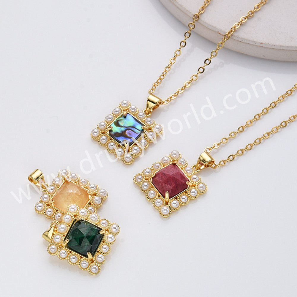 16" Gold Plated Claw Square Rainbow Gemstone Faceted Pendant Necklace, Lady Fashion Jewelry WX2260-N