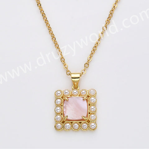 16" Gold Plated Claw Square Rainbow Gemstone Faceted Pendant Necklace, Lady Fashion Jewelry WX2260-N