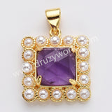 Gold Plated Claw Square Natural Stone Pearl Pendant Bead, For Jewelry Making WX2260