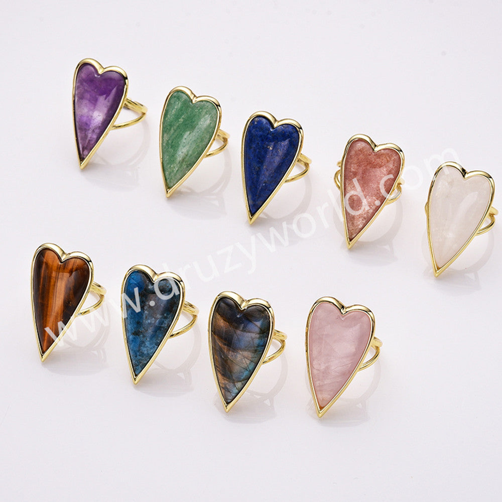 Gold Plated Big Long Heart Multi Natural Crystal Stone Adjustable Ring WX2261