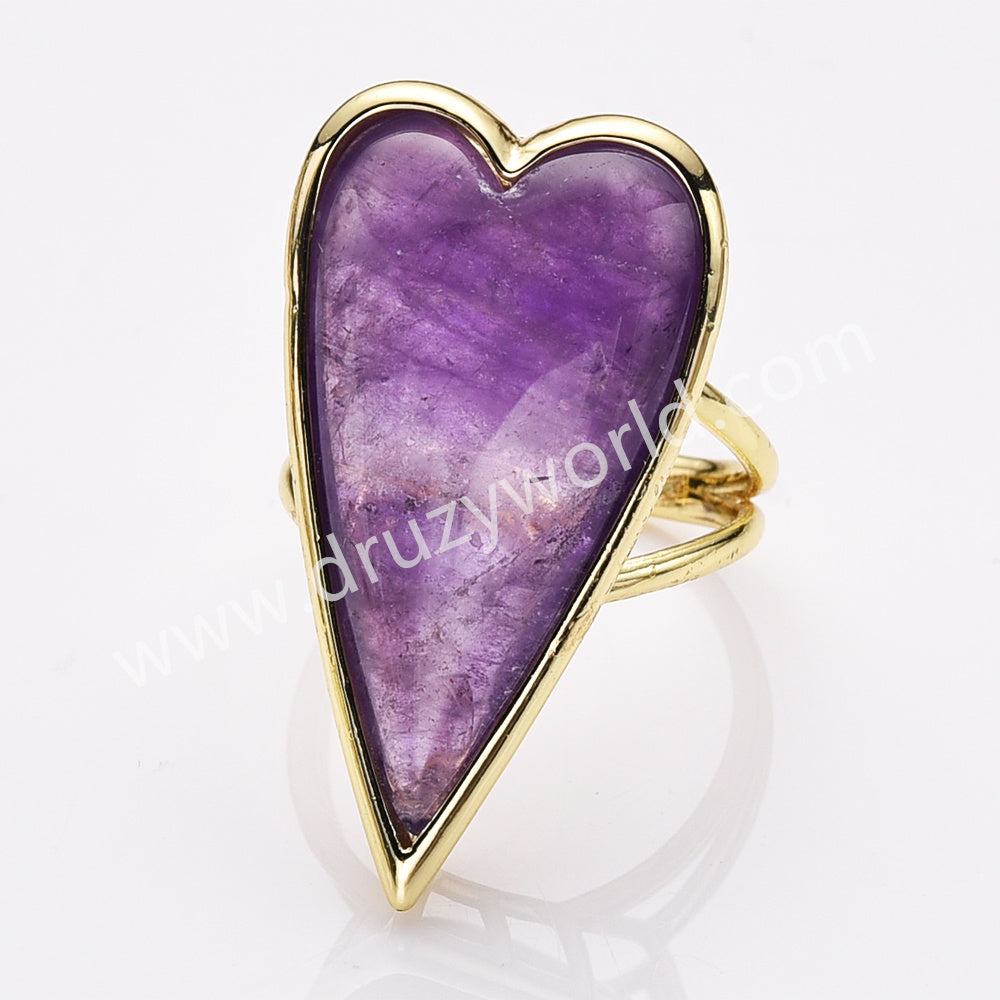 amethyst crystal long heart ring