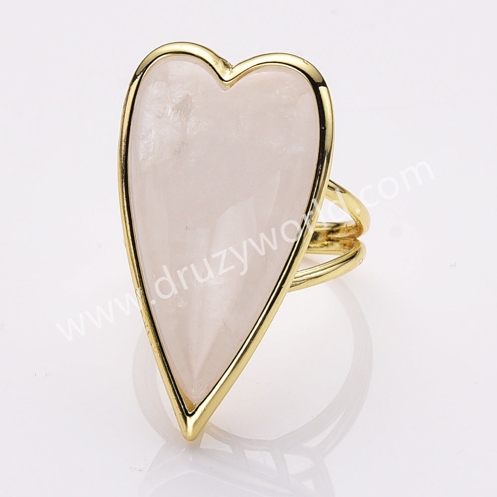 white quartz crystal long heart ring