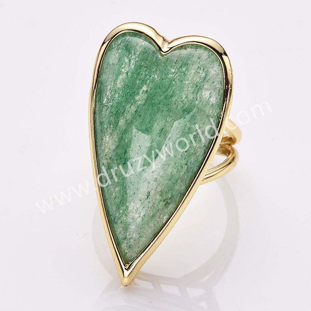 green aventurine crystal long heart ring