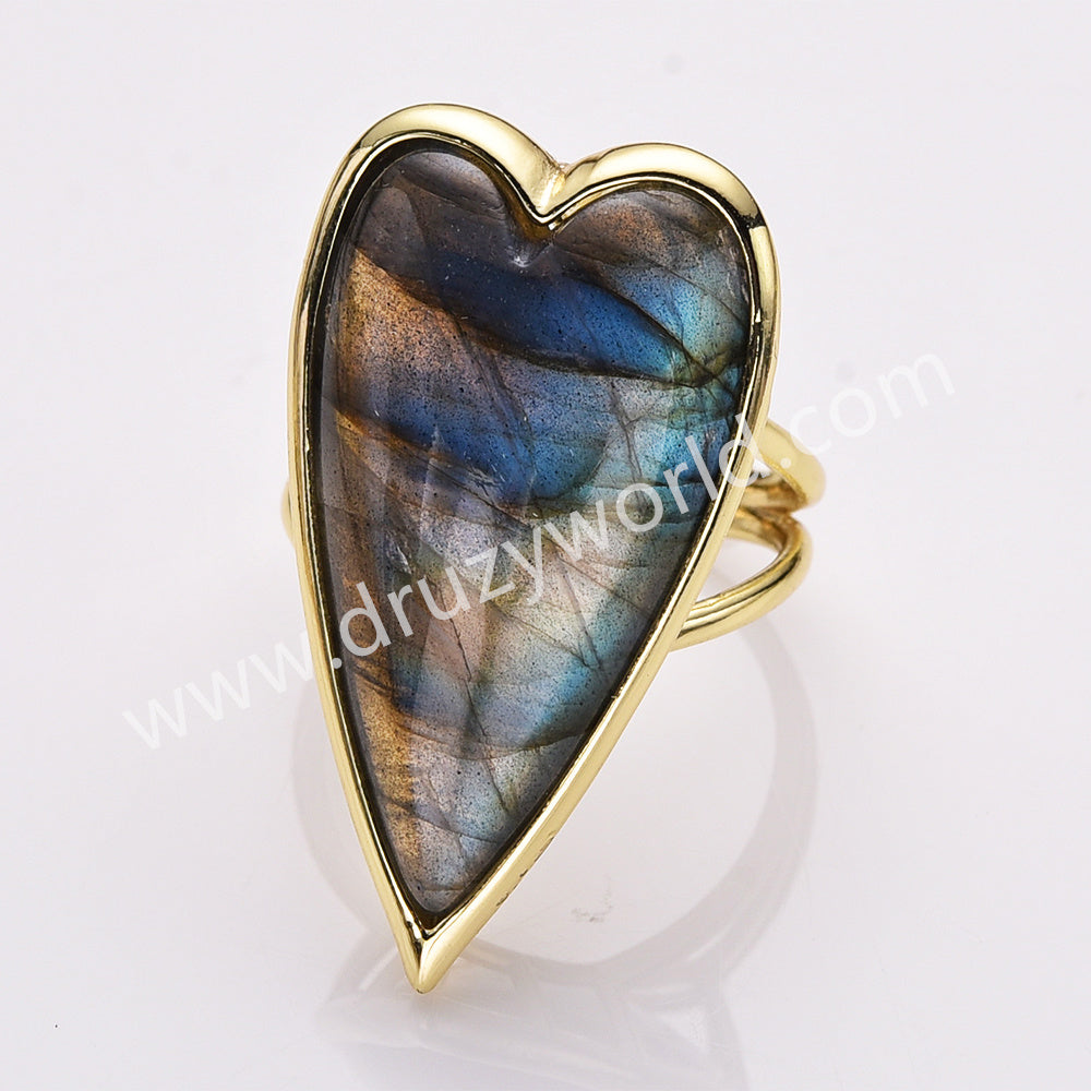 labradorite crystal long heart ring