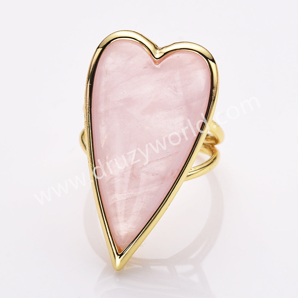 rose quartz crystal long heart ring