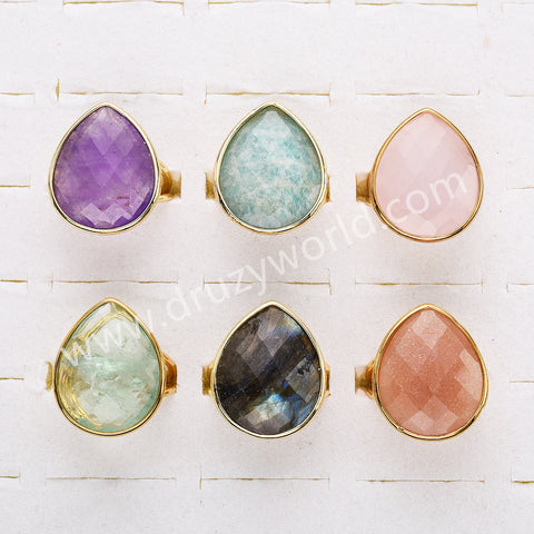 Gold Plated Big Teardrop Rainbow Gemstone Faceted Adjustable Ring WX2262