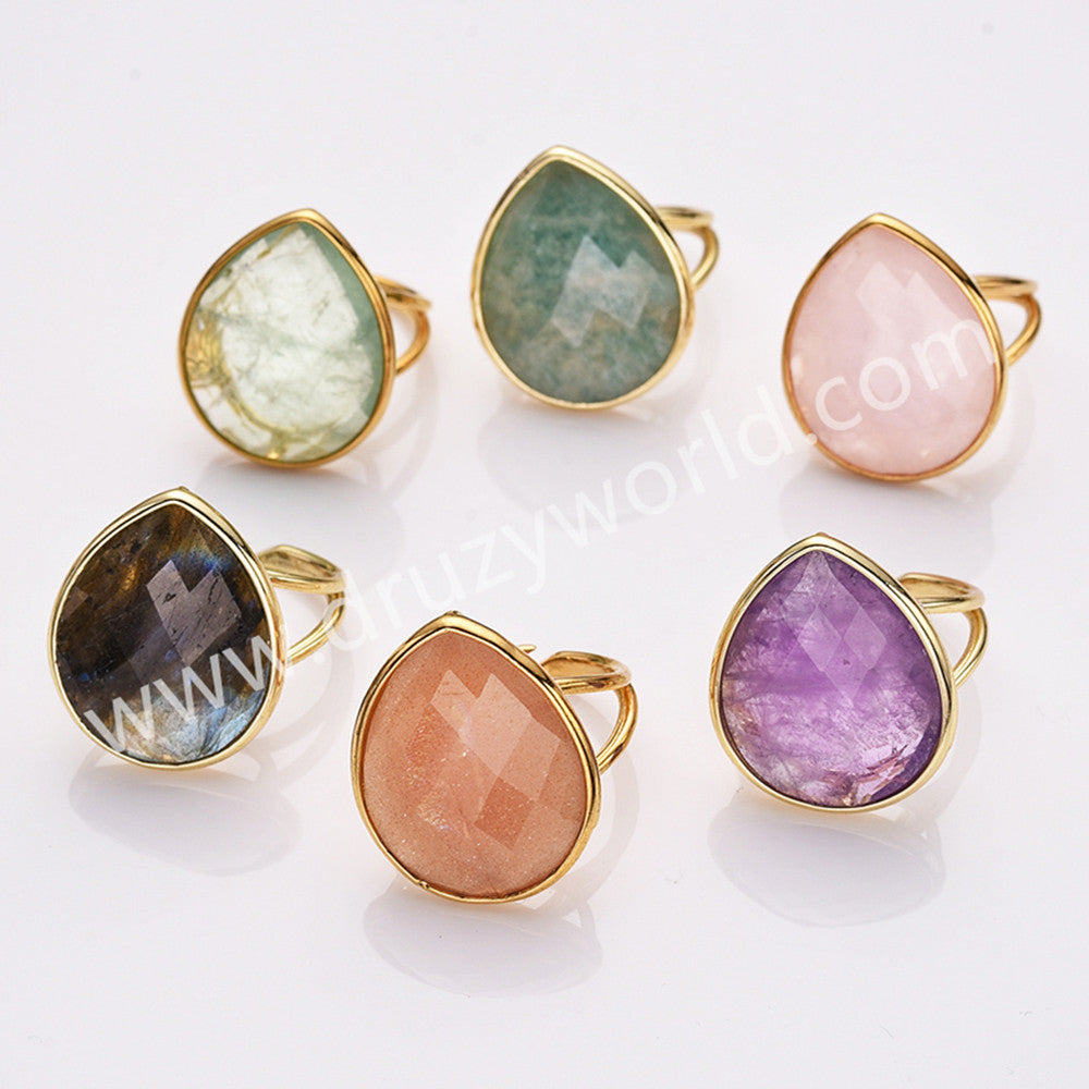 Gold Plated Big Teardrop Rainbow Gemstone Faceted Adjustable Ring WX2262