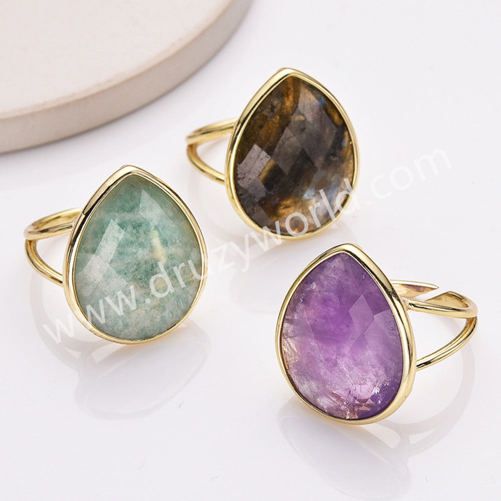 Gold Plated Big Teardrop Rainbow Gemstone Faceted Adjustable Ring WX2262