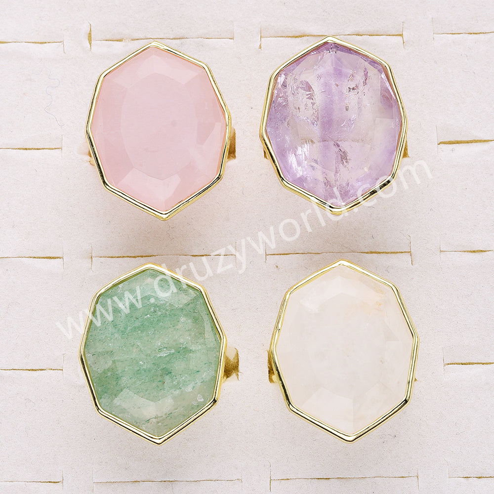 Gold Plated Geometry Big Green Aventurine Stone Faceted Adjustable Ring For Women WX2263