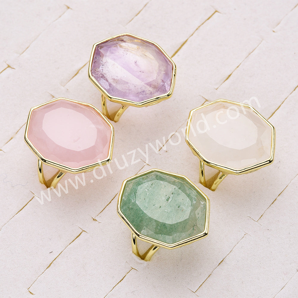 Gold Plated Geometry Big Green Aventurine Stone Faceted Adjustable Ring For Women WX2263