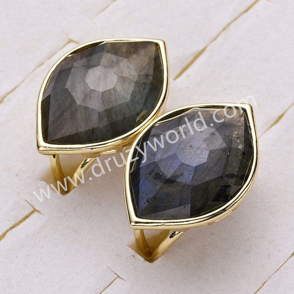 Gold Plated Big Marquise Labradorite Eye Faceted Gemstone Adjustable Ring WX2264