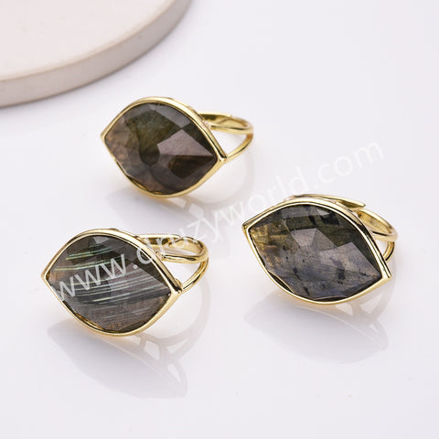 Gold Plated Big Marquise Eye Labradorite Faceted Gemstone Adjustable Ring WX2264