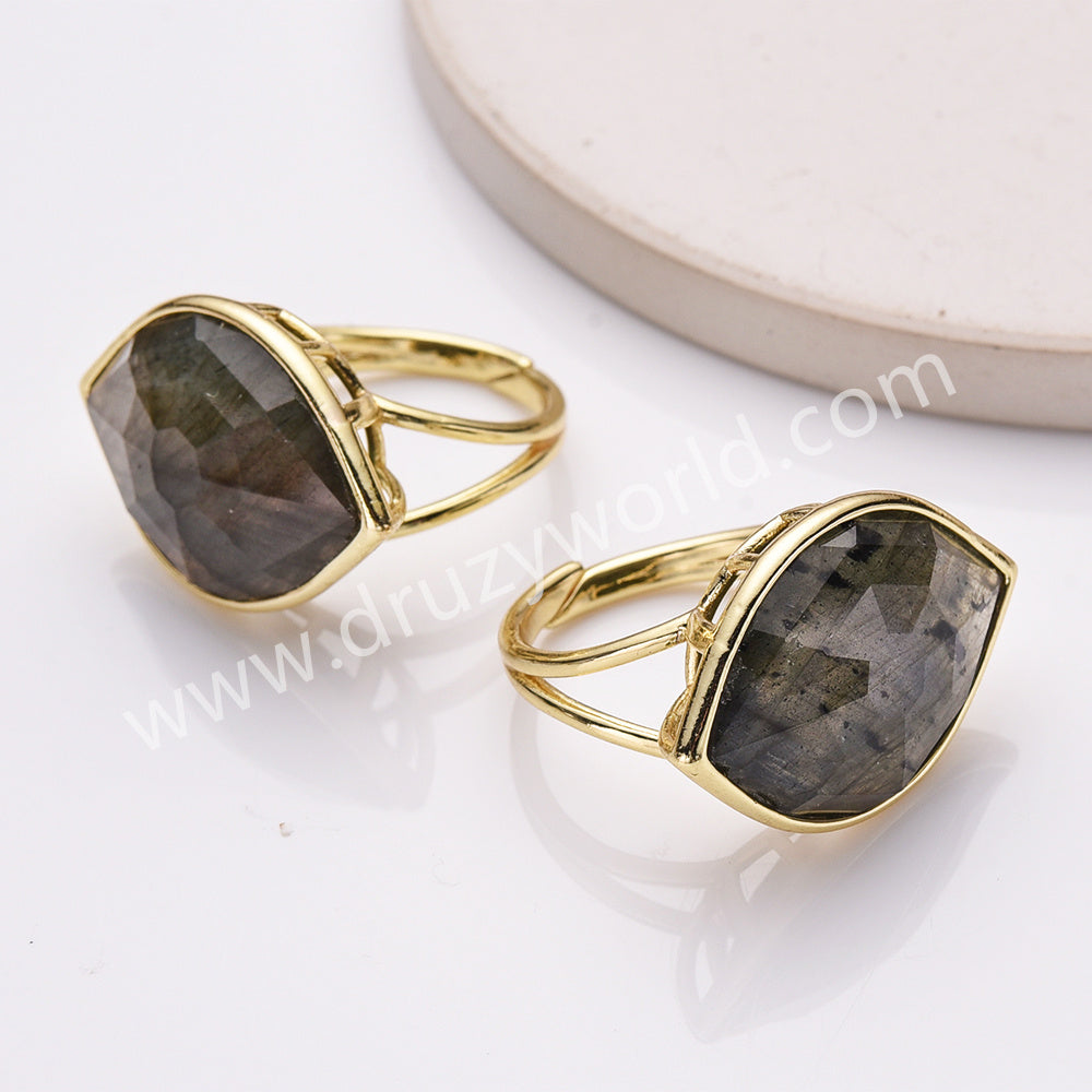 Gold Plated Big Marquise Labradorite Eye Faceted Gemstone Adjustable Ring WX2264