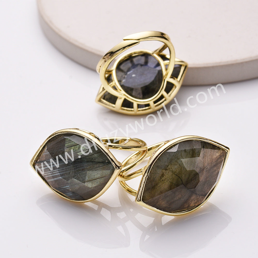 Gold Plated Big Marquise Labradorite Eye Faceted Gemstone Adjustable Ring WX2264