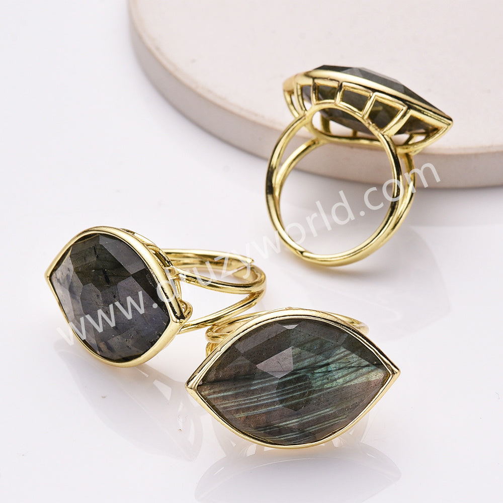 Gold Plated Big Marquise Labradorite Eye Faceted Gemstone Adjustable Ring WX2264