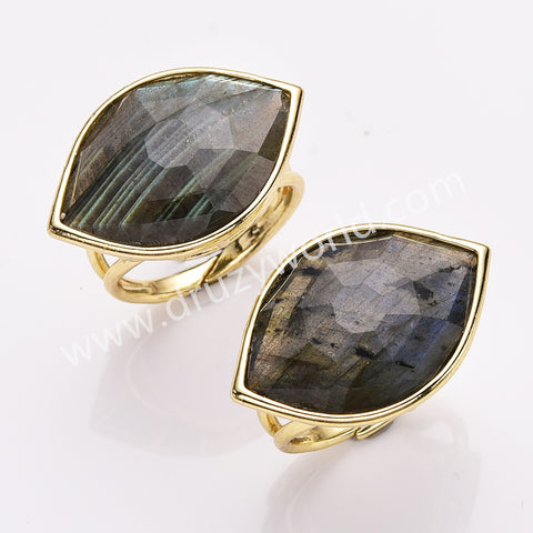 Gold Plated Big Marquise Eye Labradorite Faceted Gemstone Adjustable Ring WX2264