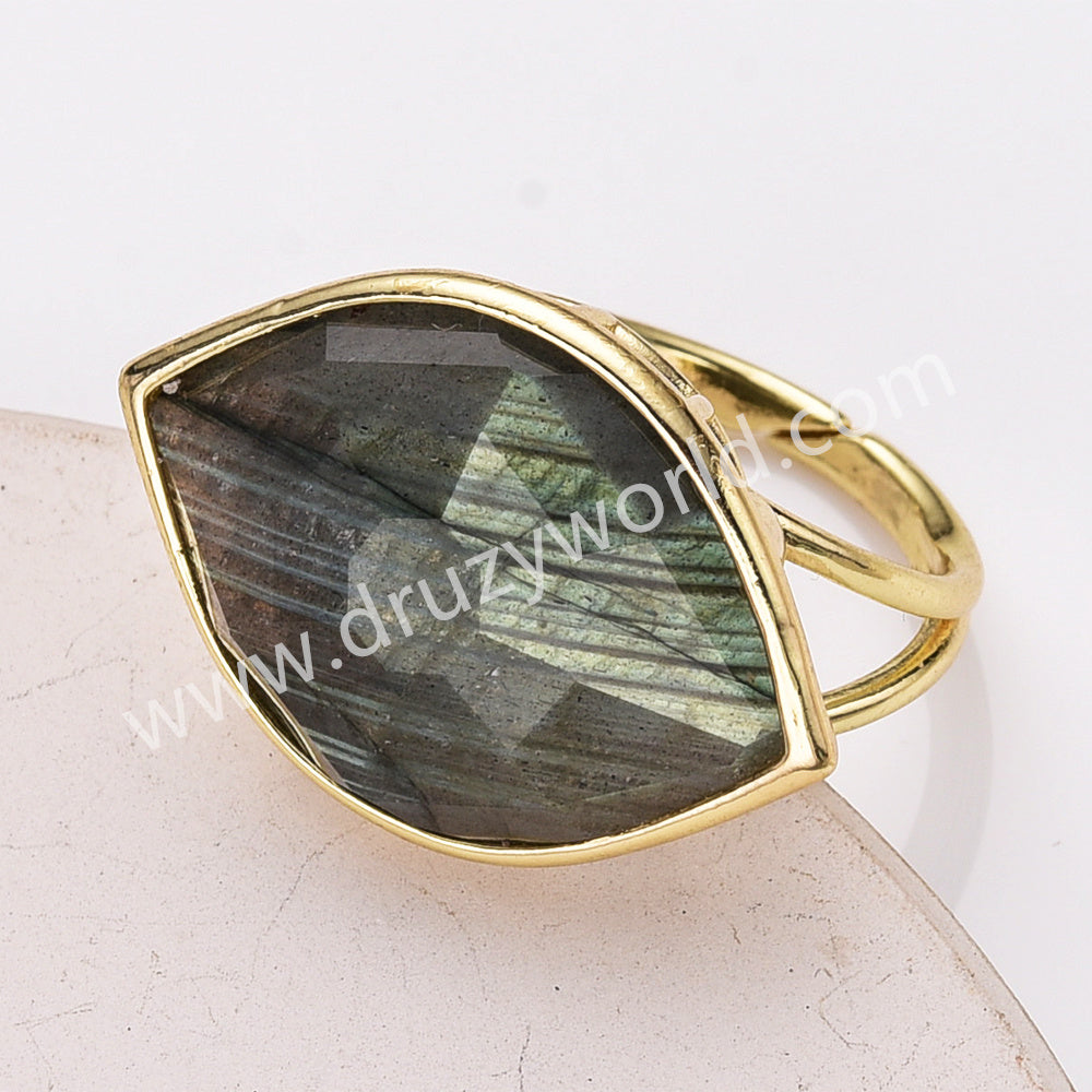 Gold Plated Big Marquise Labradorite Eye Faceted Gemstone Adjustable Ring WX2264