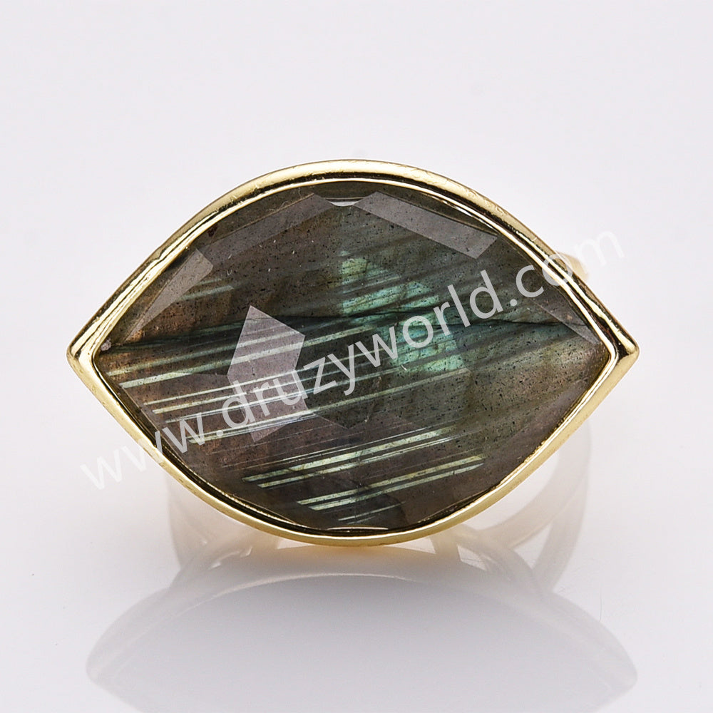 Gold Plated Big Marquise Labradorite Eye Faceted Gemstone Adjustable Ring WX2264