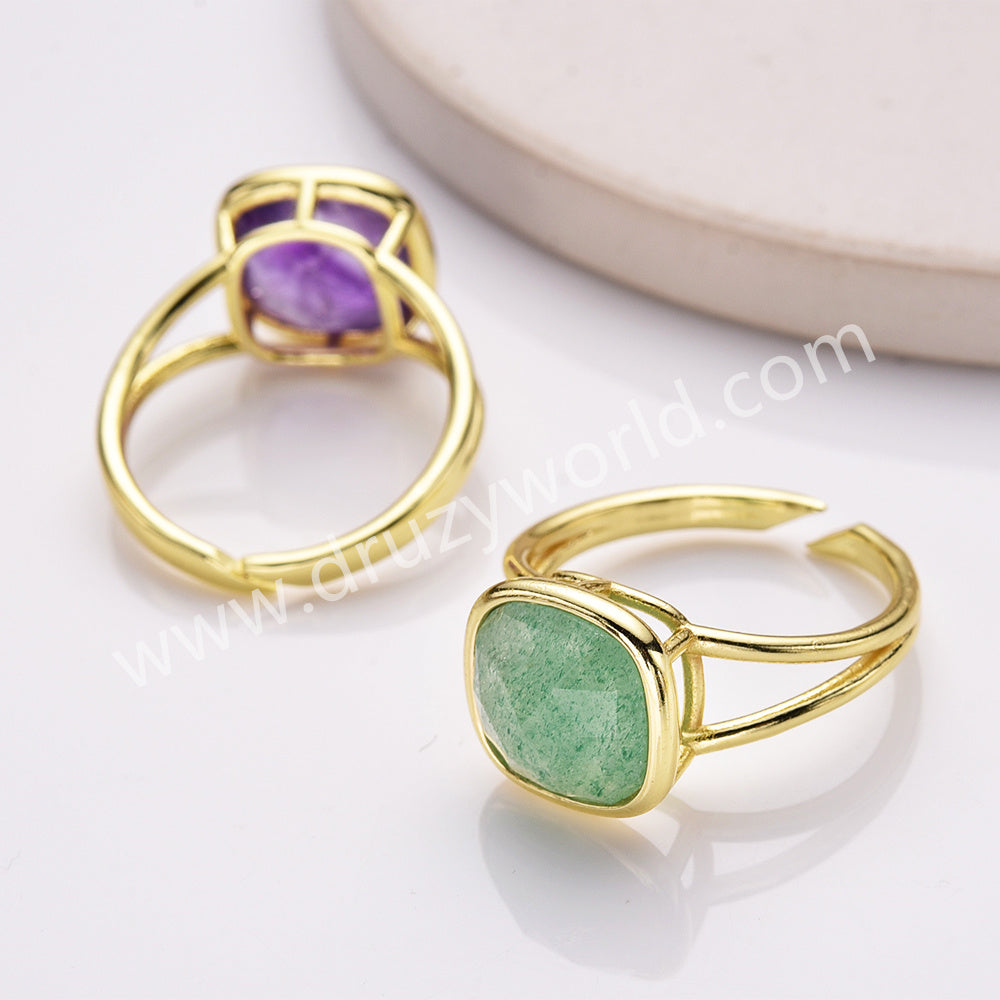 Gold Plated Square Natural Crystal Stone Quadrilateral Faceted Adjustable Ring WX2265