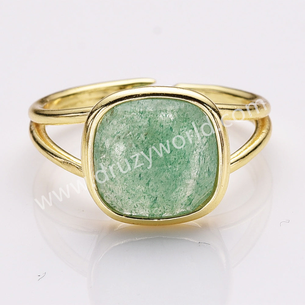 Gold Plated Square Natural Crystal Stone Quadrilateral Faceted Adjustable Ring WX2265