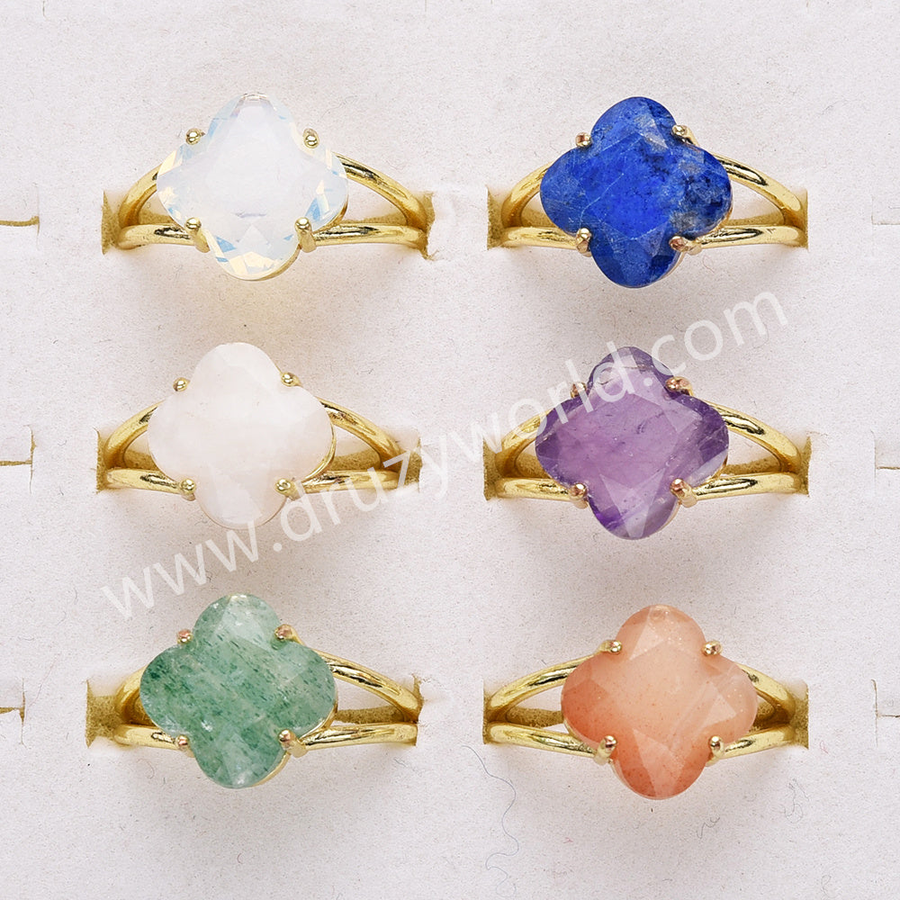 Gold Plated Clover Shape Opalite Crystal Stone Faceted Adjustable Ring WX2266