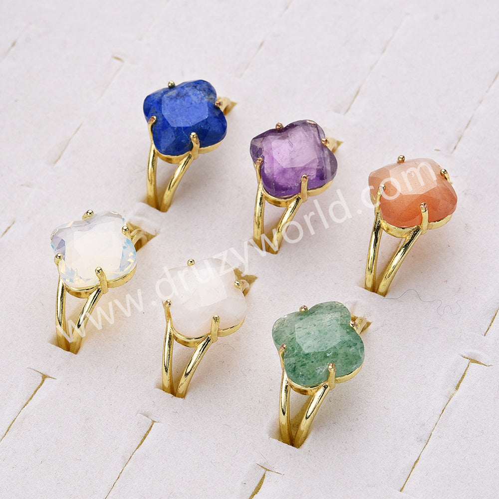 Gold Plated Clover Shape Opalite Crystal Stone Faceted Adjustable Ring WX2266