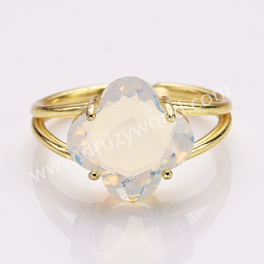 Gold Plated Clover Shape Opalite Crystal Stone Faceted Adjustable Ring WX2266